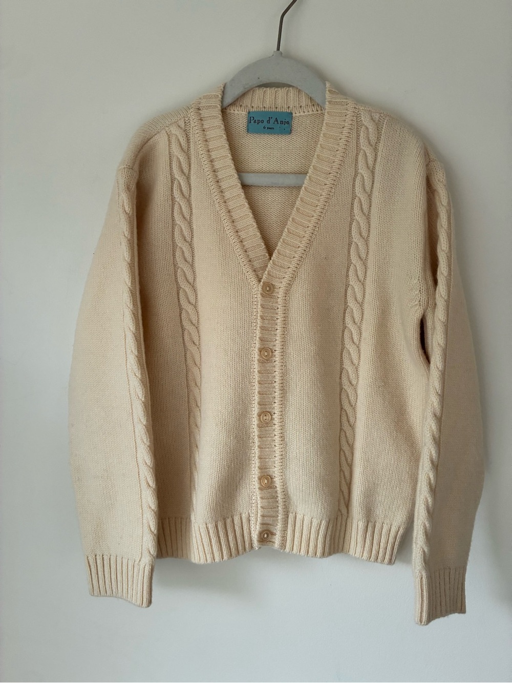 Papo d'Anjo Sweater Kids’ 6 100% Wool Cream Cable-Front Button Cardigan